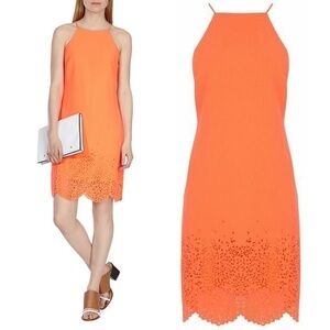 KAREN MILLEN | Shift Cocktail Orange Mini Dress Sleeveless Laser Cut | Size 6